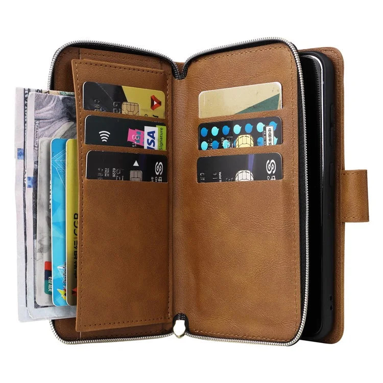For Samsung Galaxy S23 Case 9 Card Slots PU Leather Mobile Phone Shell with Hand Strap