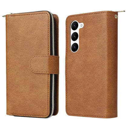 For Samsung Galaxy S23 Case 9 Card Slots PU Leather Mobile Phone Shell with Hand Strap