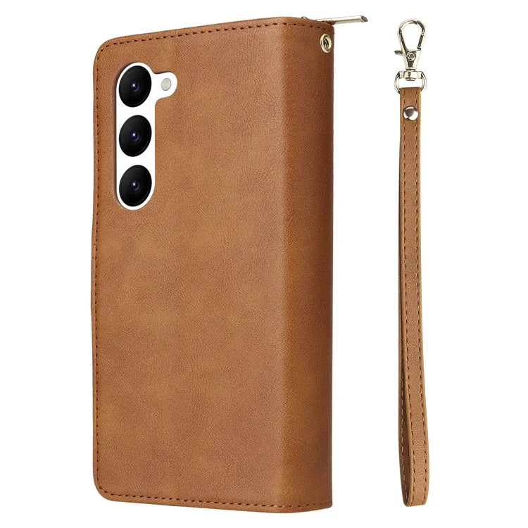 For Samsung Galaxy S23 Case 9 Card Slots PU Leather Mobile Phone Shell with Hand Strap
