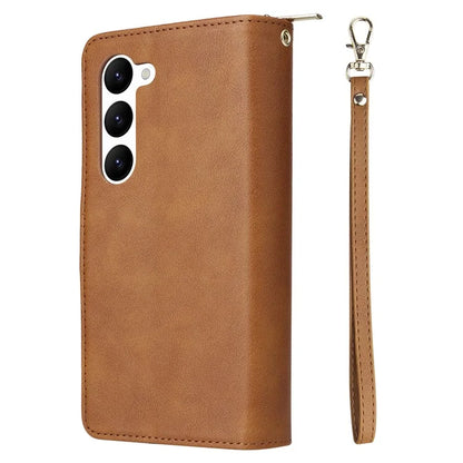 For Samsung Galaxy S23 Case 9 Card Slots PU Leather Mobile Phone Shell with Hand Strap