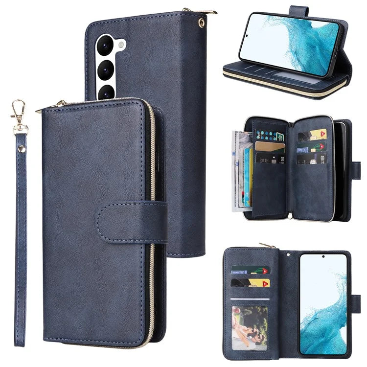 For Samsung Galaxy S23 Case 9 Card Slots PU Leather Mobile Phone Shell with Hand Strap