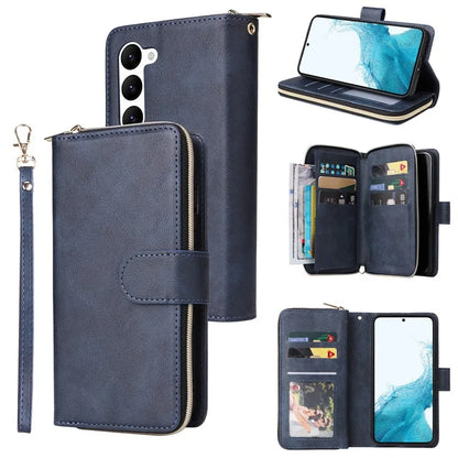 For Samsung Galaxy S23 Case 9 Card Slots PU Leather Mobile Phone Shell with Hand Strap