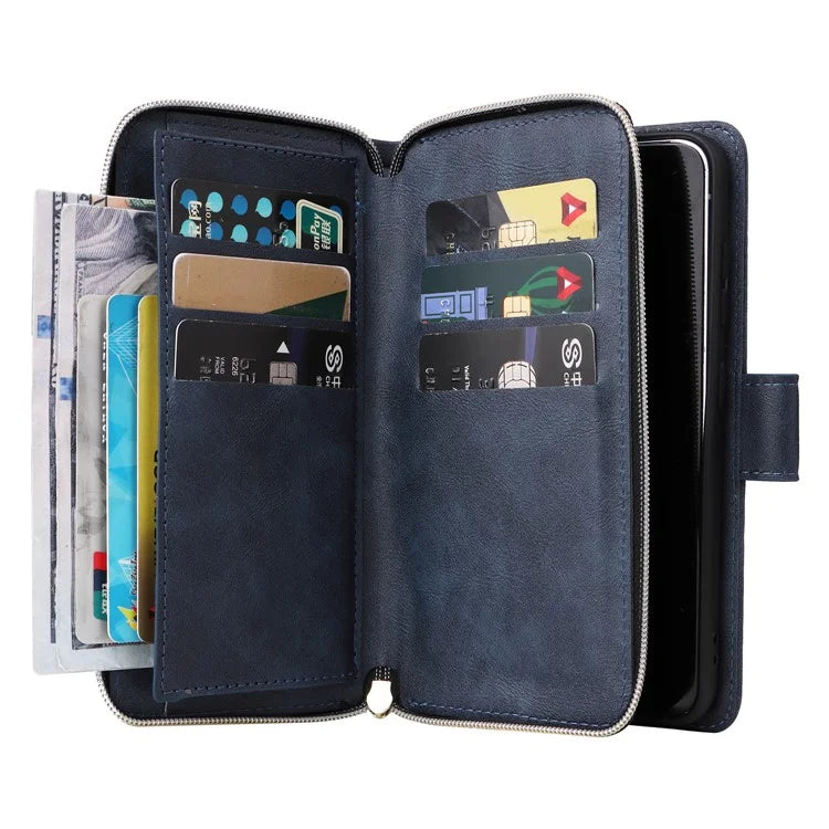 For Samsung Galaxy S23 Case 9 Card Slots PU Leather Mobile Phone Shell with Hand Strap