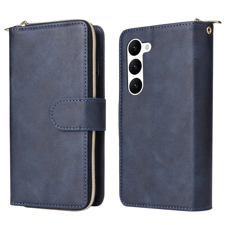 For Samsung Galaxy S23 Case 9 Card Slots PU Leather Mobile Phone Shell with Hand Strap