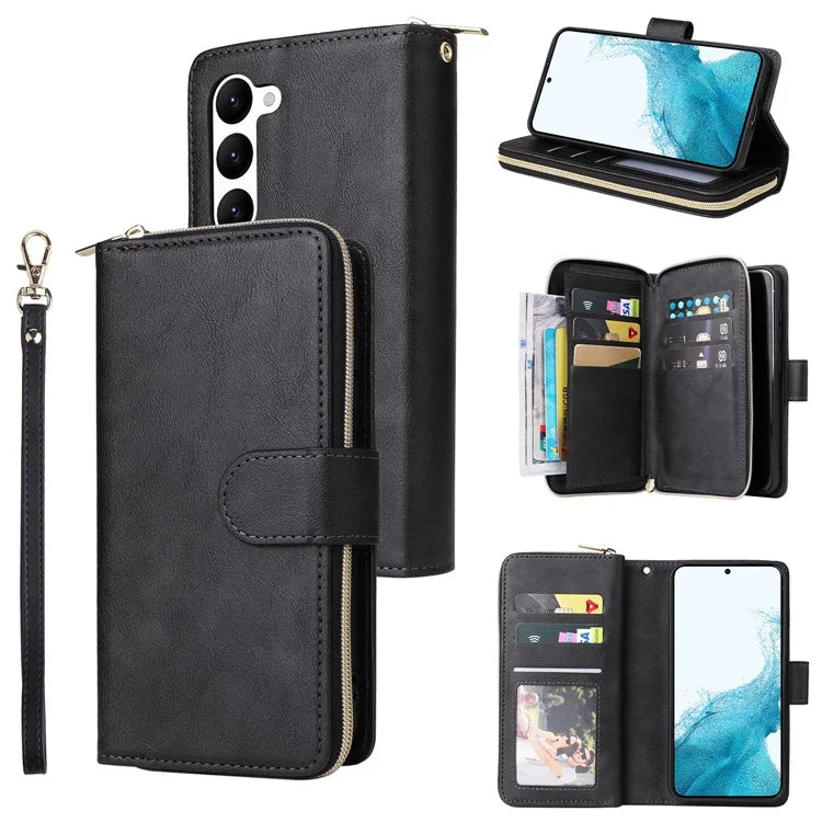 For Samsung Galaxy S23 Case 9 Card Slots PU Leather Mobile Phone Shell with Hand Strap