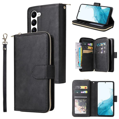 For Samsung Galaxy S23 Case 9 Card Slots PU Leather Mobile Phone Shell with Hand Strap