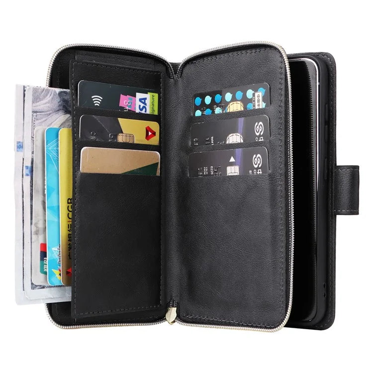 For Samsung Galaxy S23 Case 9 Card Slots PU Leather Mobile Phone Shell with Hand Strap