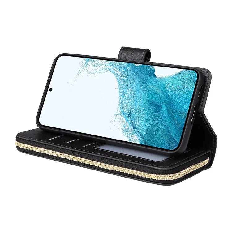 For Samsung Galaxy S23 Case 9 Card Slots PU Leather Mobile Phone Shell with Hand Strap