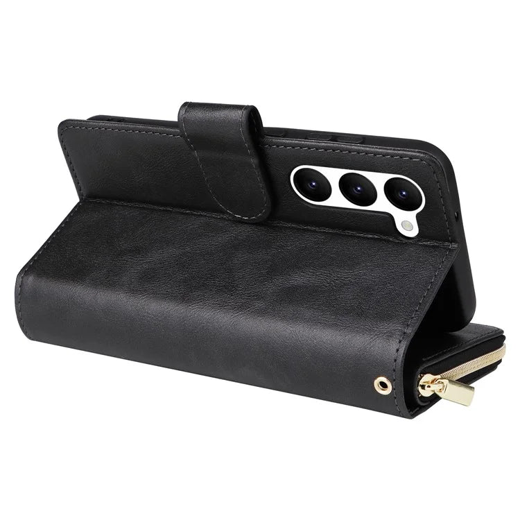 For Samsung Galaxy S23 Case 9 Card Slots PU Leather Mobile Phone Shell with Hand Strap