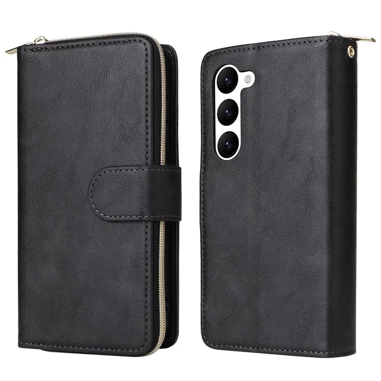 For Samsung Galaxy S23 Case 9 Card Slots PU Leather Mobile Phone Shell with Hand Strap