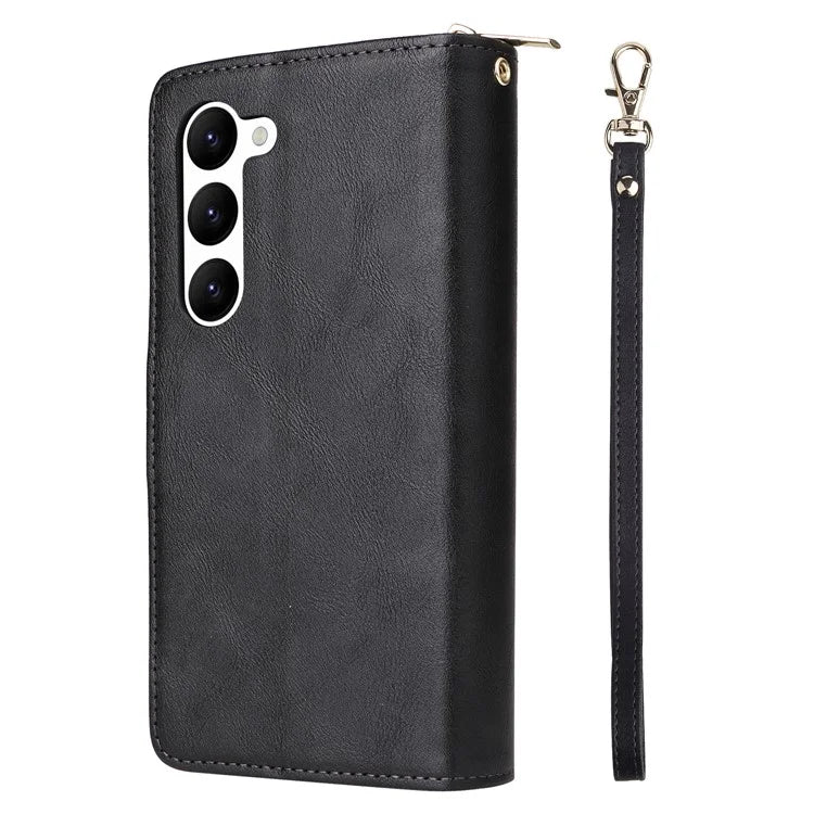 For Samsung Galaxy S23 Case 9 Card Slots PU Leather Mobile Phone Shell with Hand Strap