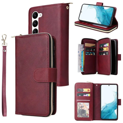 For Samsung Galaxy S23 Case 9 Card Slots PU Leather Mobile Phone Shell with Hand Strap