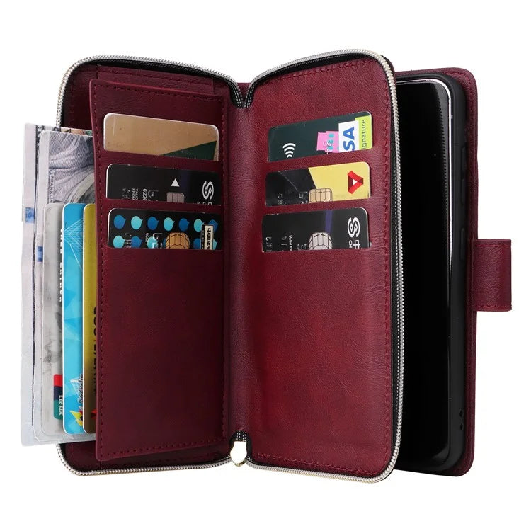For Samsung Galaxy S23 Case 9 Card Slots PU Leather Mobile Phone Shell with Hand Strap