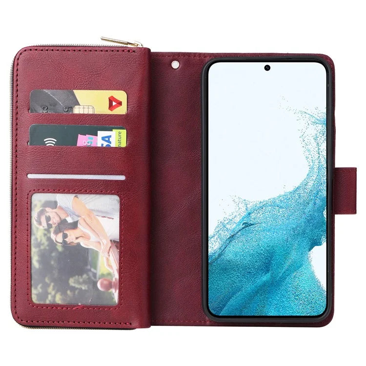 For Samsung Galaxy S23 Case 9 Card Slots PU Leather Mobile Phone Shell with Hand Strap