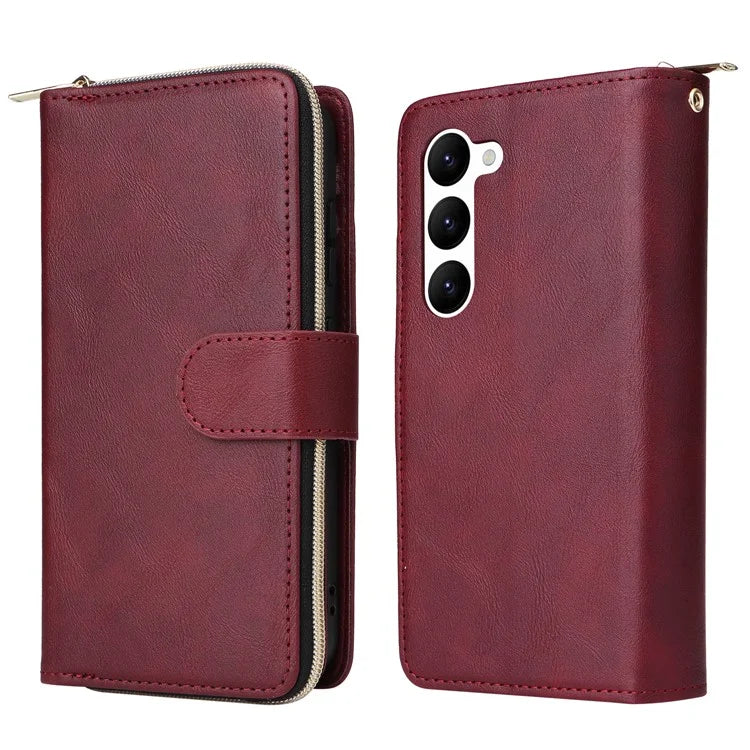 For Samsung Galaxy S23 Case 9 Card Slots PU Leather Mobile Phone Shell with Hand Strap