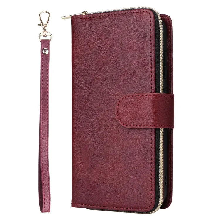 For Samsung Galaxy S23 Case 9 Card Slots PU Leather Mobile Phone Shell with Hand Strap