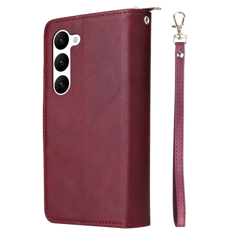For Samsung Galaxy S23 Case 9 Card Slots PU Leather Mobile Phone Shell with Hand Strap