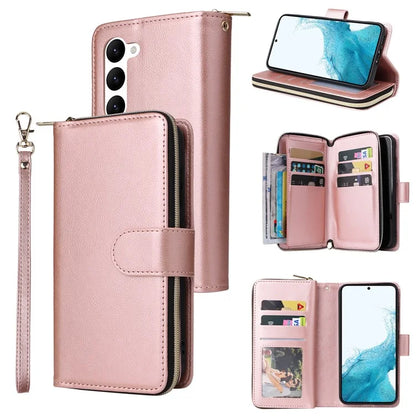 For Samsung Galaxy S23 Case 9 Card Slots PU Leather Mobile Phone Shell with Hand Strap