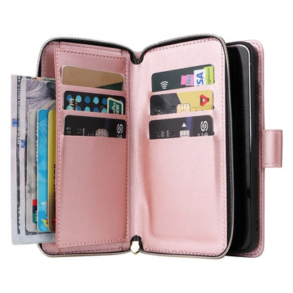 For Samsung Galaxy S23 Case 9 Card Slots PU Leather Mobile Phone Shell with Hand Strap