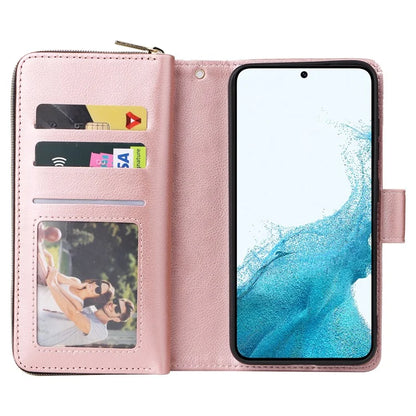 For Samsung Galaxy S23 Case 9 Card Slots PU Leather Mobile Phone Shell with Hand Strap