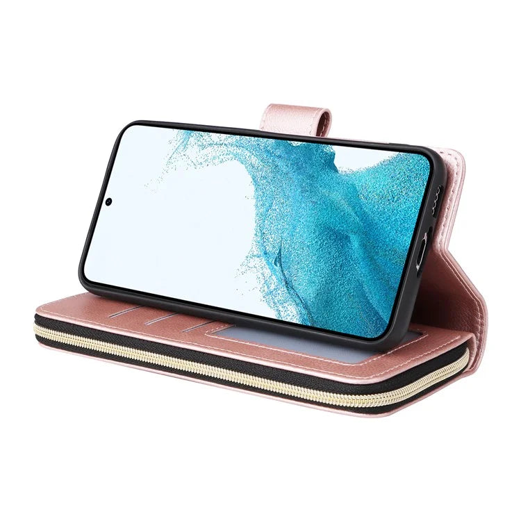 For Samsung Galaxy S23 Case 9 Card Slots PU Leather Mobile Phone Shell with Hand Strap