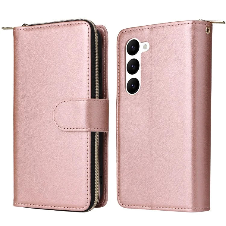 For Samsung Galaxy S23 Case 9 Card Slots PU Leather Mobile Phone Shell with Hand Strap