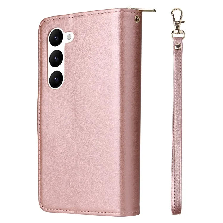 For Samsung Galaxy S23 Case 9 Card Slots PU Leather Mobile Phone Shell with Hand Strap