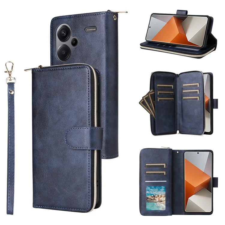 For Xiaomi Redmi Note 13 Pro+ 5G Leather Case Zipper Pocket Phone Cover with 9 Card Slots
