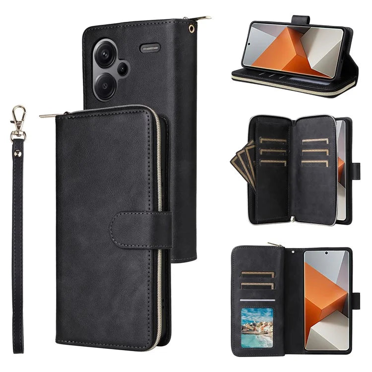 For Xiaomi Redmi Note 13 Pro+ 5G Leather Case Zipper Pocket Phone Cover with 9 Card Slots