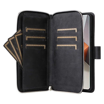For Xiaomi Redmi Note 13 Pro+ 5G Leather Case Zipper Pocket Phone Cover with 9 Card Slots