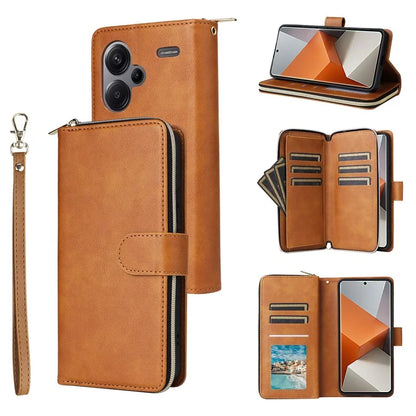 For Xiaomi Redmi Note 13 Pro+ 5G Leather Case Zipper Pocket Phone Cover with 9 Card Slots