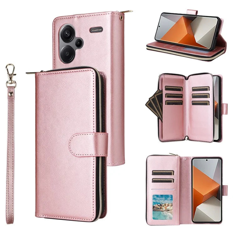 For Xiaomi Redmi Note 13 Pro+ 5G Leather Case Zipper Pocket Phone Cover with 9 Card Slots