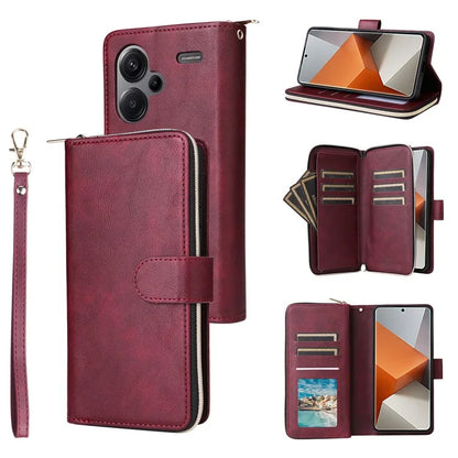 For Xiaomi Redmi Note 13 Pro+ 5G Leather Case Zipper Pocket Phone Cover with 9 Card Slots