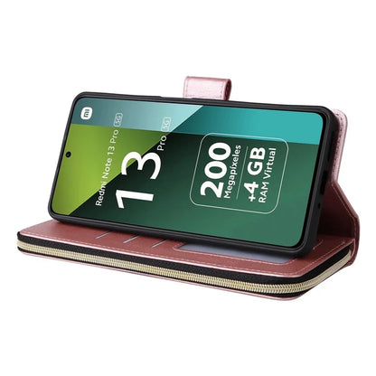 For Xiaomi Redmi Note 13 Pro 5G / Poco X6 5G Case Zipper Pocket Leather Stand Phone Cover