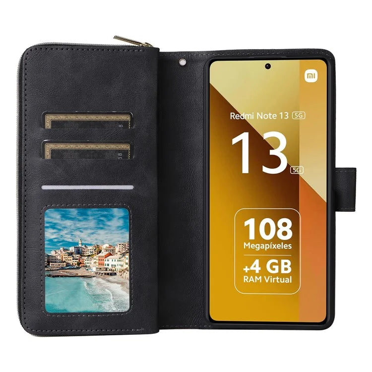 For Xiaomi Redmi Note 13 5G Case with Strap Zipper Wallet PU Leather Phone Cover