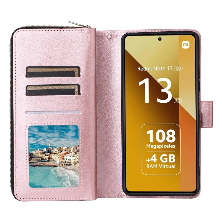 For Xiaomi Redmi Note 13 5G Case with Strap Zipper Wallet PU Leather Phone Cover