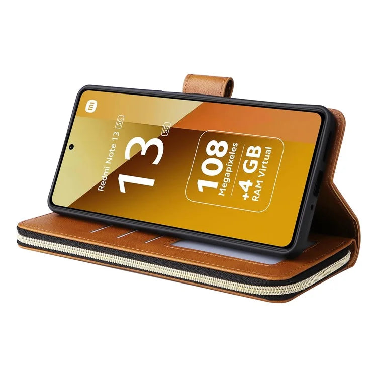 For Xiaomi Redmi Note 13 5G Case with Strap Zipper Wallet PU Leather Phone Cover