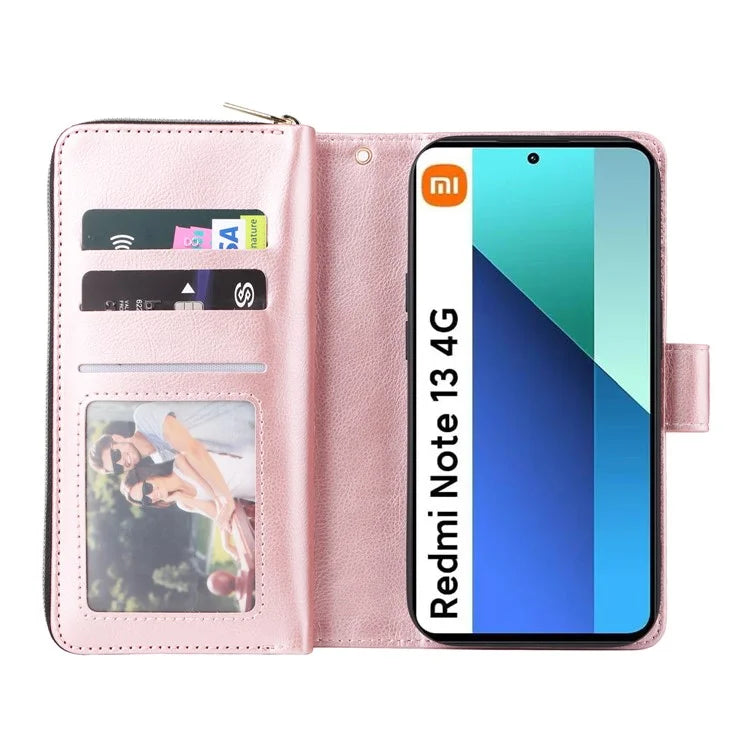 For Xiaomi Redmi Note 13 4G Case Zipper Leather Phone Cover with Stand Card Slots