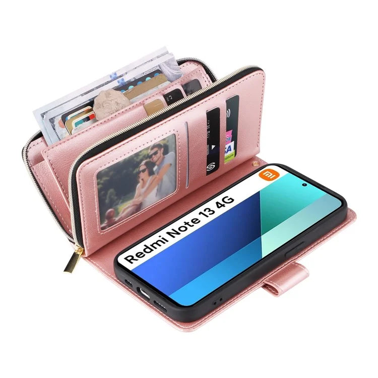 For Xiaomi Redmi Note 13 4G Case Zipper Leather Phone Cover with Stand Card Slots