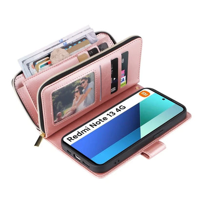 For Xiaomi Redmi Note 13 4G Case Zipper Leather Phone Cover with Stand Card Slots