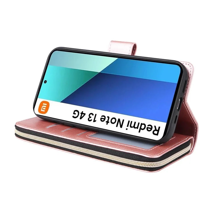 For Xiaomi Redmi Note 13 4G Case Zipper Leather Phone Cover with Stand Card Slots