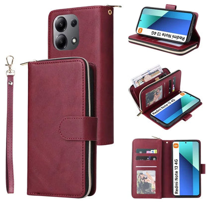 For Xiaomi Redmi Note 13 4G Case Zipper Leather Phone Cover with Stand Card Slots