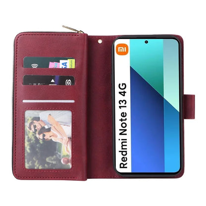 For Xiaomi Redmi Note 13 4G Case Zipper Leather Phone Cover with Stand Card Slots