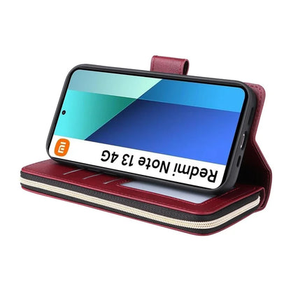 For Xiaomi Redmi Note 13 4G Case Zipper Leather Phone Cover with Stand Card Slots