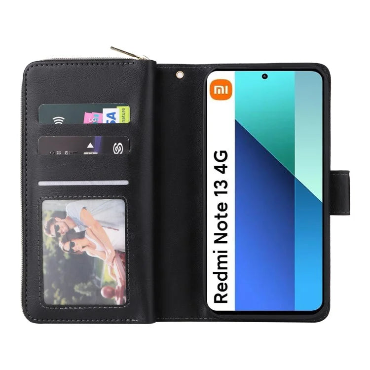 For Xiaomi Redmi Note 13 4G Case Zipper Leather Phone Cover with Stand Card Slots