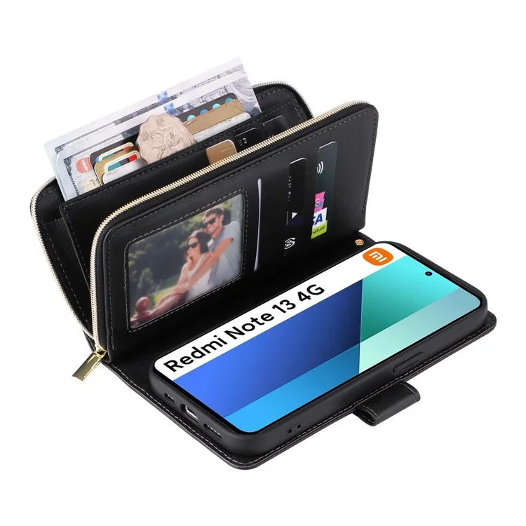 For Xiaomi Redmi Note 13 4G Case Zipper Leather Phone Cover with Stand Card Slots