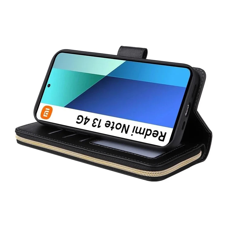 For Xiaomi Redmi Note 13 4G Case Zipper Leather Phone Cover with Stand Card Slots