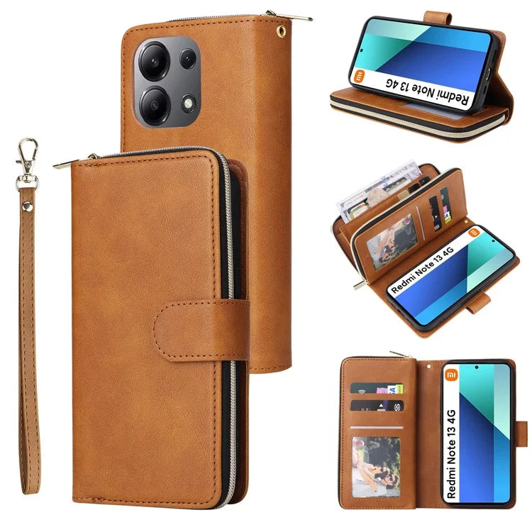 For Xiaomi Redmi Note 13 4G Case Zipper Leather Phone Cover with Stand Card Slots