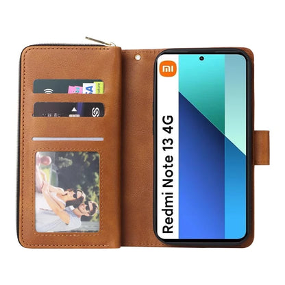 For Xiaomi Redmi Note 13 4G Case Zipper Leather Phone Cover with Stand Card Slots
