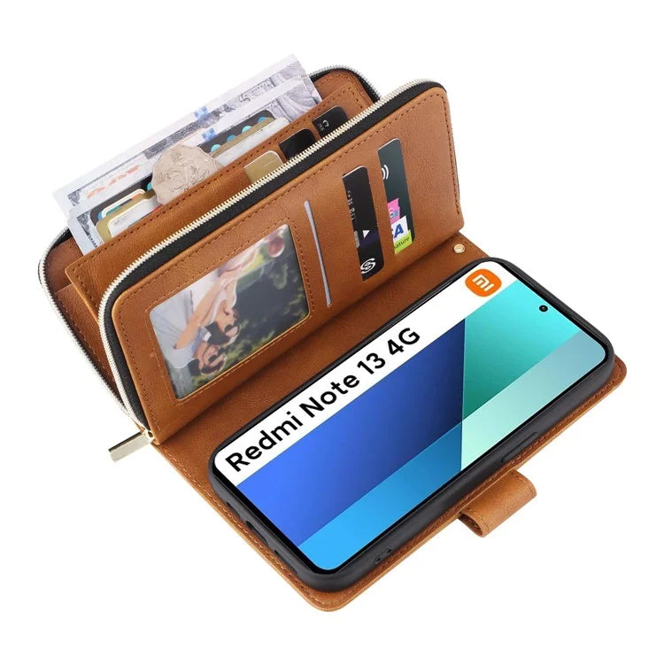 For Xiaomi Redmi Note 13 4G Case Zipper Leather Phone Cover with Stand Card Slots